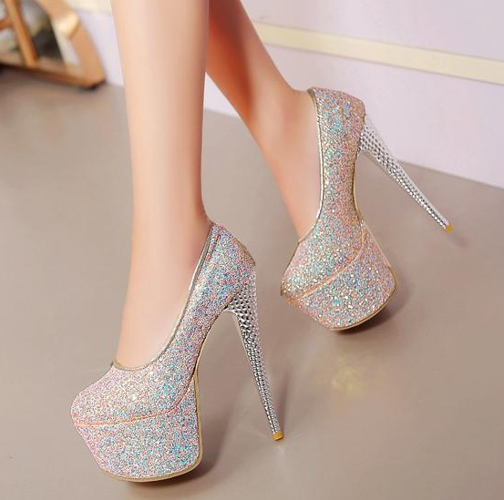 รองเท้าส้นสูงเก็ดกลิ๊กเตอร์สีฟ้า/ม่วง/ทอง/ชม ไซต์ 34-43