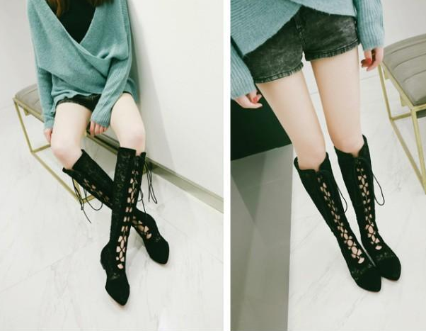 รองเท้าทรงบูทผ้าลูกไม้โปร่งสีชมพู/ดำ/ขาว/ครีม ไซต์ 34-43