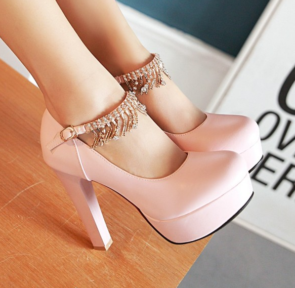 รองเท้าคัทชูส้นหนาแต่งสายรัดข้อสวยหรู ไซต์ 34-43 สีดำ/ขาว/ชมพู/ฟ้า