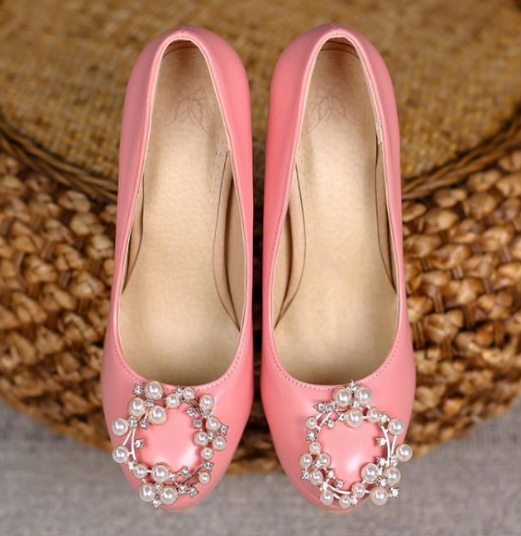 รองเท้าส้นคัทชูส้นใหญ่สีดำ/ครีม/ชมพู ไซต์ 34-45