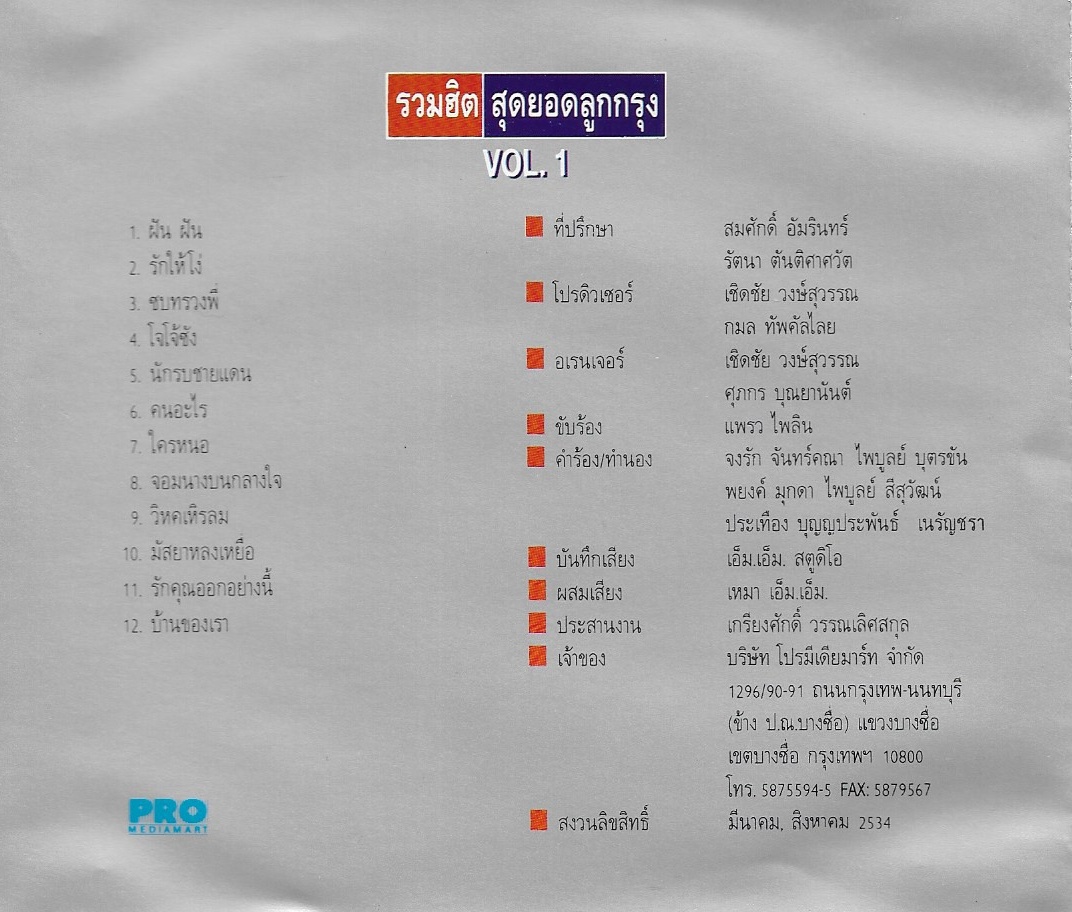 Used CD,แพรว ไพลิน- รวมฮิตสุดยอดลูกกรุง Vol 1 (แผ่นCDสภาพสวย)(A)(2534)