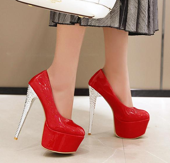 รองเท้าส้นคัทชูส้นสูงหัวมน ไซต์ 34-46 สีดำ/แดง/ขาว/ชมพู/เขียว