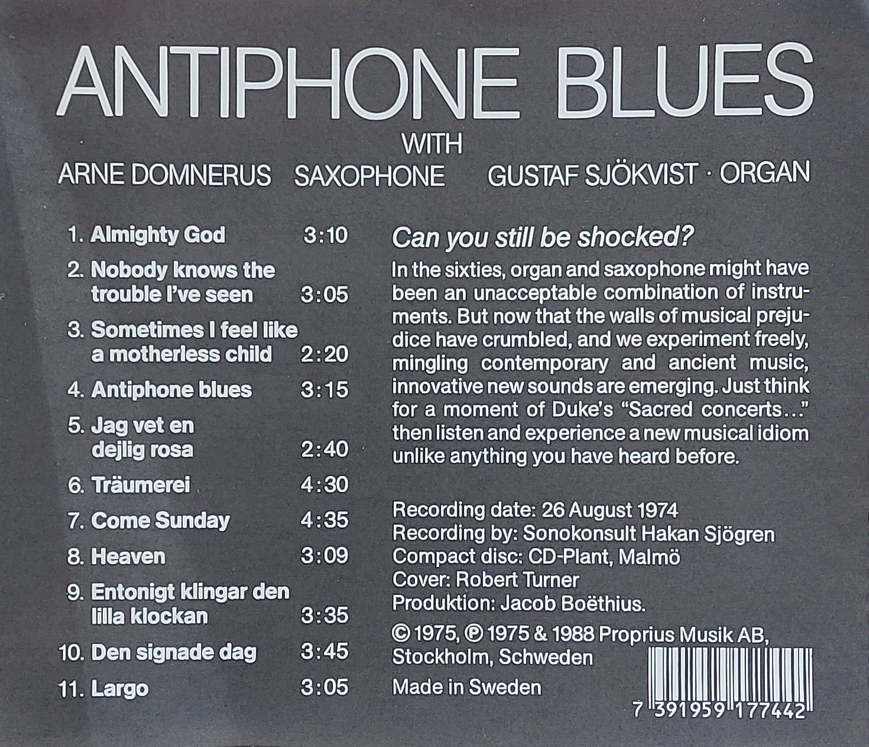 Used CD,Arne Domnerus Gustaf Sjokvist - Antiphone Blues (C)(Jazz)(Saxophone)(Organ)(instrumental)(1988)(Sweden)