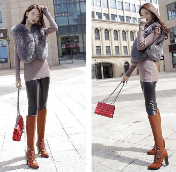 รองเท้าบูทสีน้ำตาลส้นสูงปลายแหลม ไซต์ 34-43