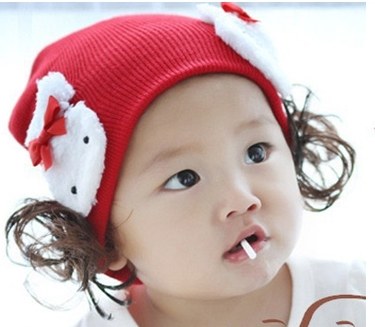 หมวกไหมพรมเกาหลีมีผมปลอม สีแดง