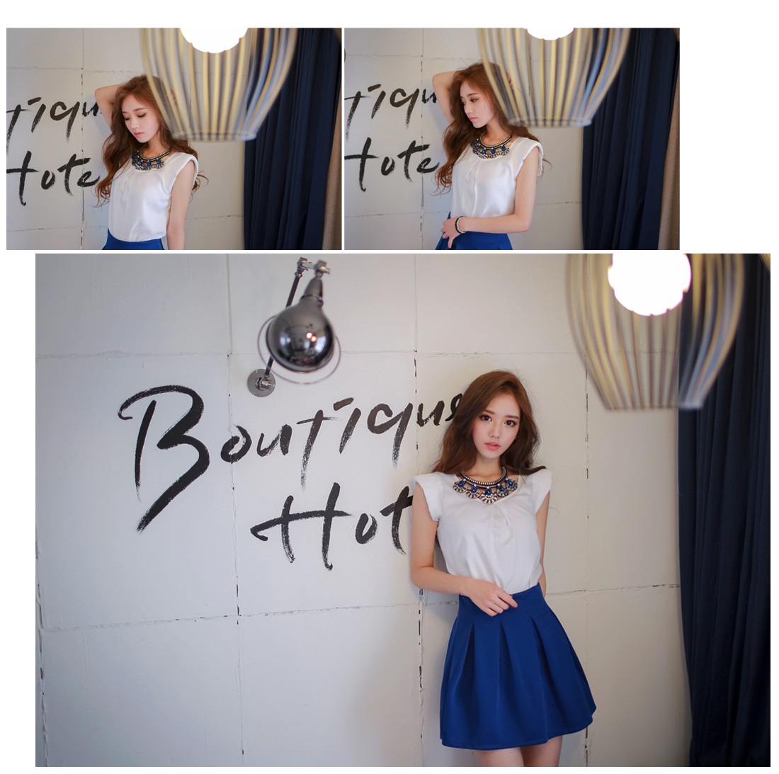 ***หมดค่ะ***ชุดเสื้อสีขาวคอกลมมาพร้อมกระโปรงจับจีบสีน้ำเงินสดใส ประดับด้วยสร้อยลายเก๋ สวยมากๆค่ะ