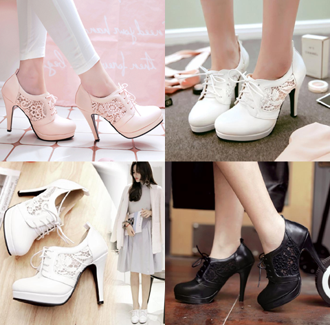 รองเท้าส้นสูงทรงผ้าใบผูกเชือกแต่งผ้าลูกไม้สีชมพู/ครีม/ดำ ไซต์ 34-43