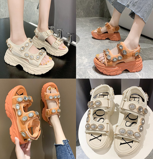 รองเท้ารัดส้นแต่งคริสตัลสีส้ม/ครีม ไซต์ 35-39
