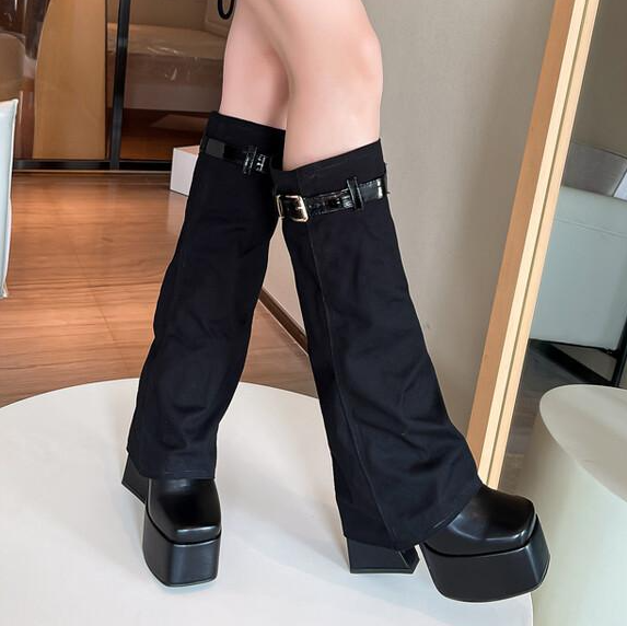 รองเท้าบูทส้นหนา ไซส์ 34-43 สีดำเรียบ/ดำขน/ขาวขน/น้ำเงินขน