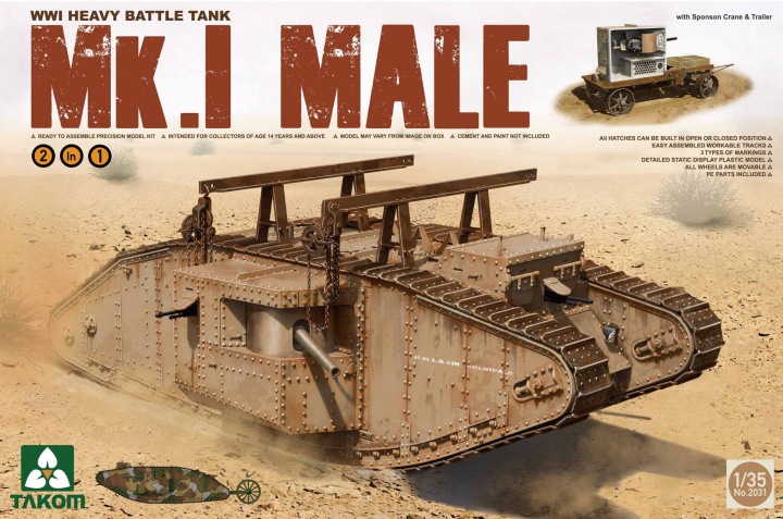 1/35 WWI Heavy Battle Tank Mk.I Male with Sponson Crane & Trailer