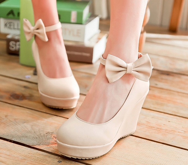 รองเท้าส้นเตารีดสายรัดข้อแต่งโบว์น่ารักๆสีชมพู/ฟ้า/ครีม ไซต์ 34-43