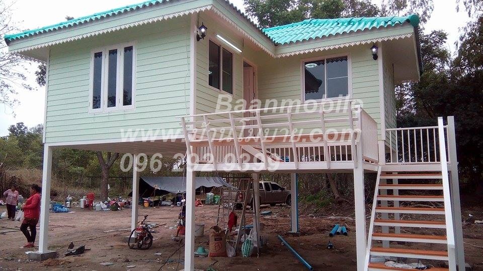 บ้านน๊อคดาวน์ ขนาด 6*7 เมตร ระเบียง 3*3 เมตร ยกสูง 2 เมตร (2ห้องนอน 2ห้องน้ำ 1ห้องรับเเขก)