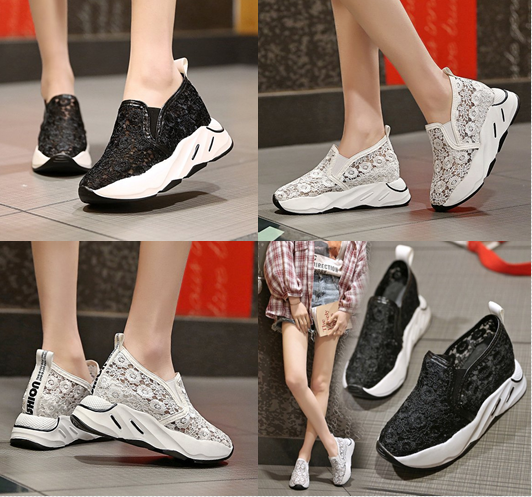 รองเท้าผ้าใบเสริมส้นแบบสวมผ้าลูกไม้สีขาว/ดำ ไซต์ 35-39