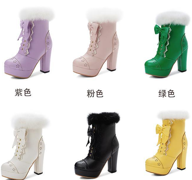 รองเท้าบูทส้นสูงหุ้มข้อ ไซต์ 34-46 สีดำ/ขาว/เขียว/ม่วง/ชมพู/เหลือง