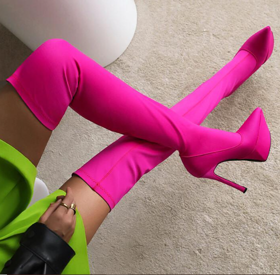 รองเท้าบูทยาวถึงต้นขาผ้ายืดสีม่วง/น้ำเงิน/ชมพู/ดำ/แดง ไซส์ 34-43