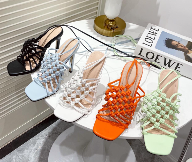 รองเท้าส้นสูงสายถักคาดหน้า ไซต์ 35-42 สีส้ม/ดำ/ขาว/เขียว/ฟ้า