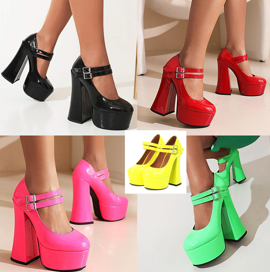 รองเท้าส้นหนาสูง 6 นิ้ว สีเหลือง/เขียว/ชมพู/ดำ/แดง ไซส์ 35-42