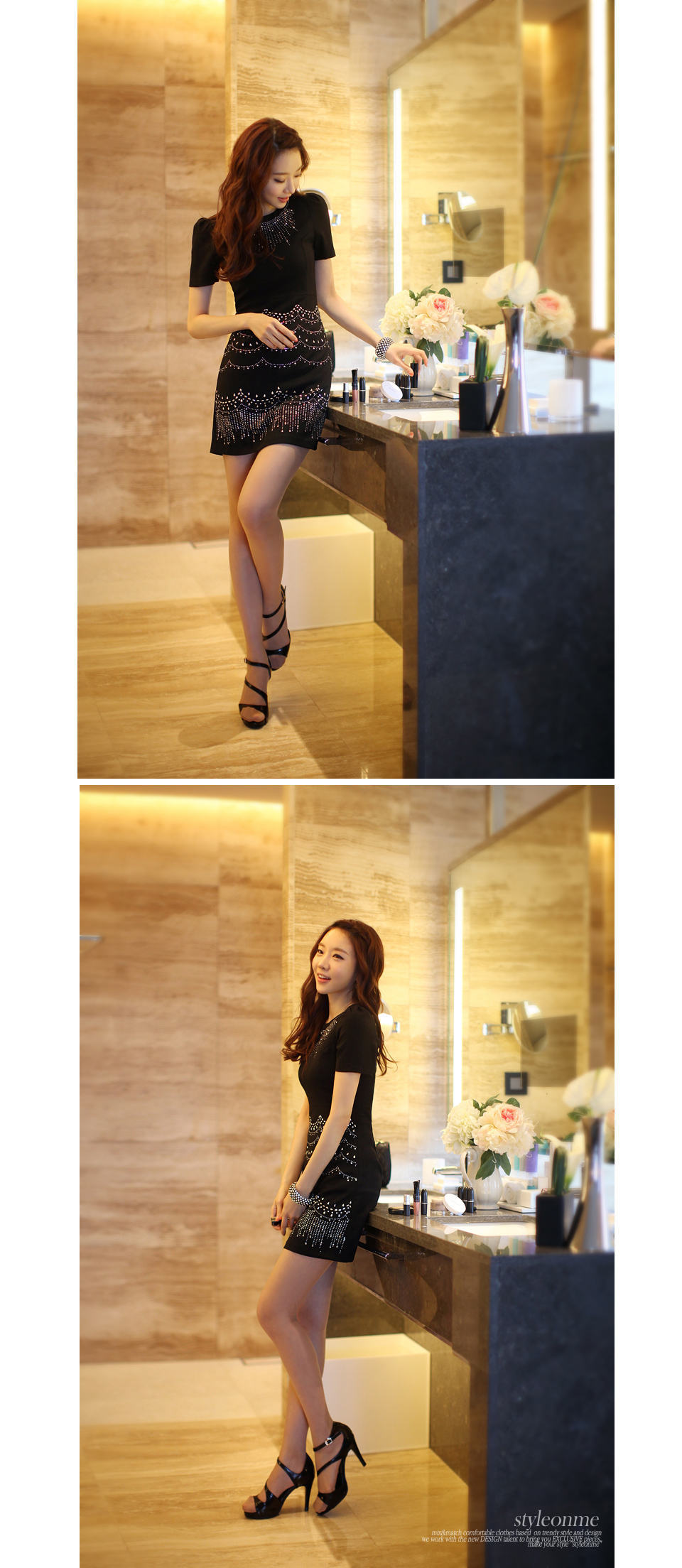 ***หมดค่ะ***เดรสผ้าเนื้อผสมสีดำยืดได้ ติดพลอยที่ตัวกระโปรง คอกลมแขนสั้นทรงเข้ารูปสวยเหมือนแบบค่ะ