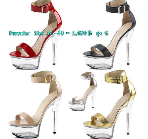 รองเท้าส้นแก้วรัดข้อทรงสวย ไซต์ 34-40 สีแดง/ดำ/นู๊ด/เงิน/ทอง