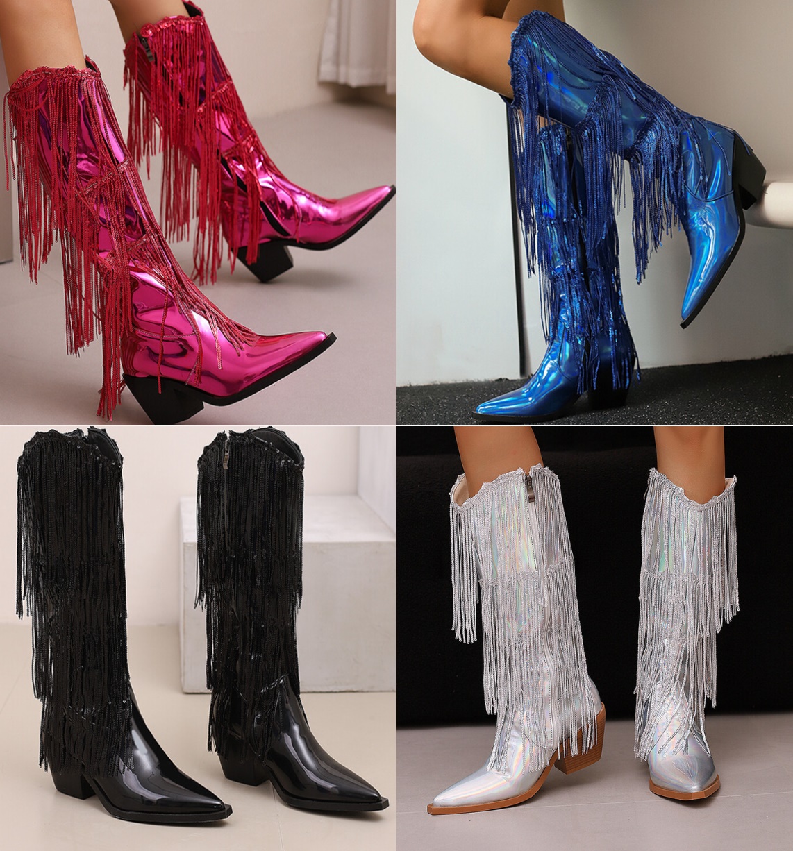 รองเท้าบูทคาวบอยแต่งพู่ ไซส์ 34-46 สีดำ/ขาว/เงิน/น้ำเงิน/ชมพู