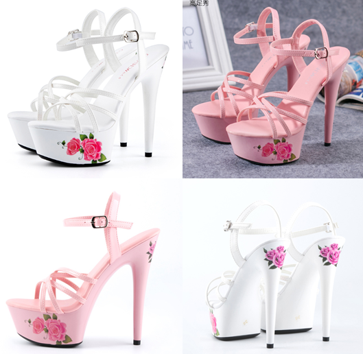 รองเท้าส้นสูงส้นพิมพ?ลายดอกกุหลาบสีขาว/ชมพู ไซต์ 34-41