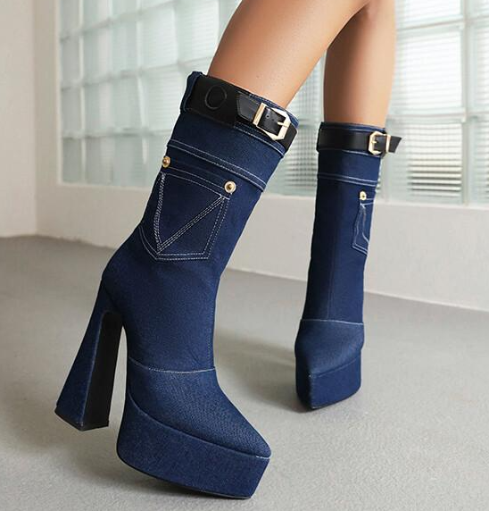 รองเท้าบูทยีส์ยาวระดับน่อง ไซส์ 34-45 สีฟ้า/ดำ/น้ำเงินเข้ม