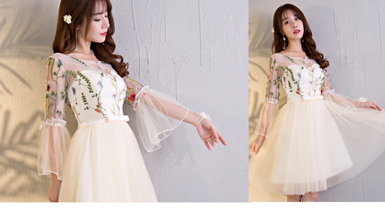 **หมดค่ะ**เดรสออกงานสุดหรู ดีไซน์คอกลม แขนยาว ตัวชุดและต้นแขนเสื้อจะเป็นผ้าโปร่งสีครีม ปักลายดอกไม้ทั้งด้านหน้าและหลัง ปลายแขนเสื้อเป็นผ้าโปร่งระบายๆ งานเกรดพรีเมี่ยมค่ะ สวยมากๆๆค่ะ