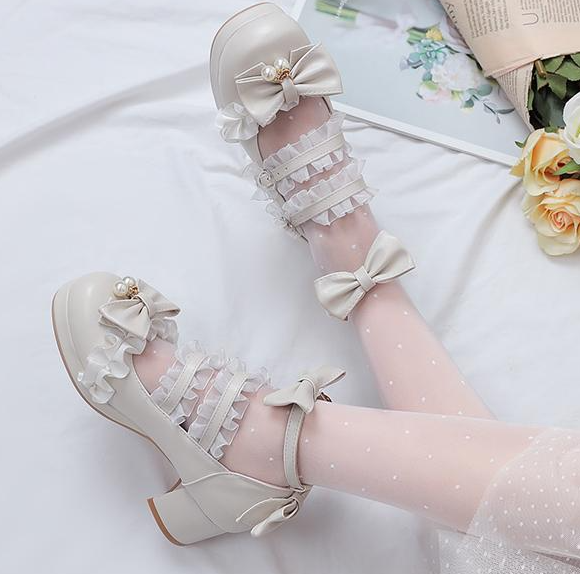 รองเท้าส้นสูงเจ้าหญิงน่ารักๆ ไซต์ 34-43 สีดำ/ครีม/ชม/ม่วง