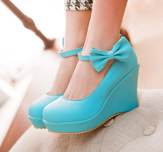 รองเท้าส้นเตารีดสายรัดข้อแต่งโบว์น่ารักๆสีชมพู/ฟ้า/ครีม ไซต์ 34-43
