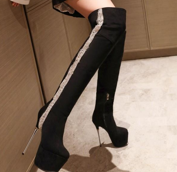 รองเท้าบูทยาวถึงต้นขาส้นเข็ม สูง 6.4 นิ้ว ไซต์ 34-43 สีดำเงา/เงิน/ดำผ้า