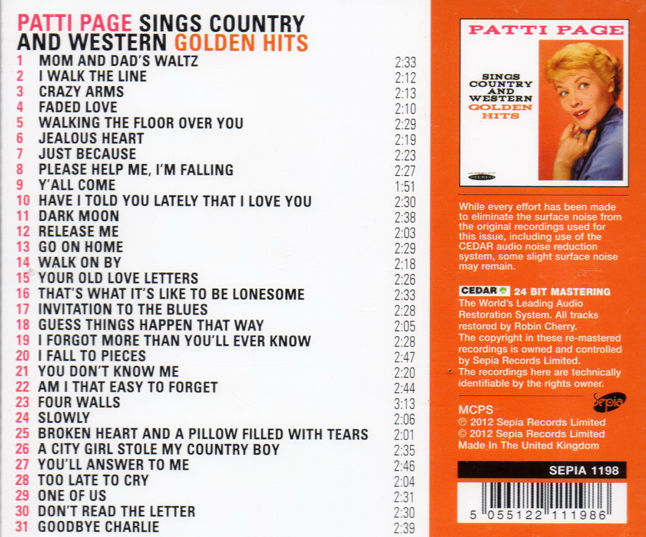 CD,Patti Page - Sings Country And Western Golden Hits (2012)(UK)(Hi-End Audio)