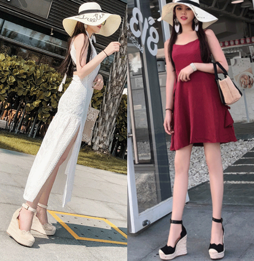รองเท้าส้นเตารีดใส่เที่ยวทะเลสวยๆสีแอพพริคอท/ดำ ไซต์ 34-39