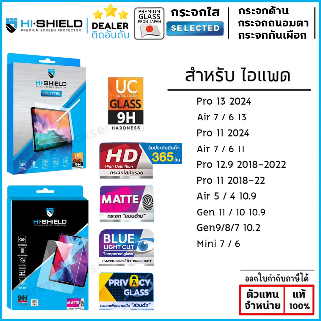 HiShield ฟิล์มกระจกนิรภัย ใส ด้าน ถนอมสายตา กันเผือก ใช้สำหรับ iPad Air 6 Pro 13 2024 Pro 11 12.9 Air 5 4 10.2 Mini 7 6 ใบกำกับภาษี