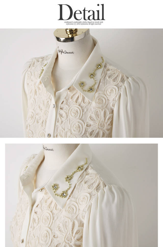 ***หมดค่ะ*** เสื้อชีฟองสีขาว ช่วงลำตัวต่อลุกไม้ แขนยาว ปักพลอยที่ปกเสื้อ สวยเหมือนแบบค่ะ