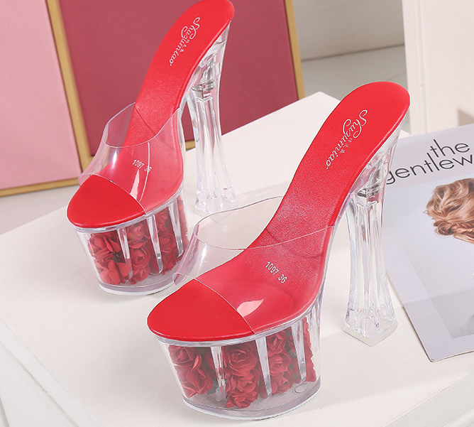 รองเท้าส้นแก้วส้นหนาพื้นแต่งดอกกุหลาบ ไซต์ 34-43 สีแดง/ขาว/ชมพู/ฟ้า/เหลือง/ส้ม