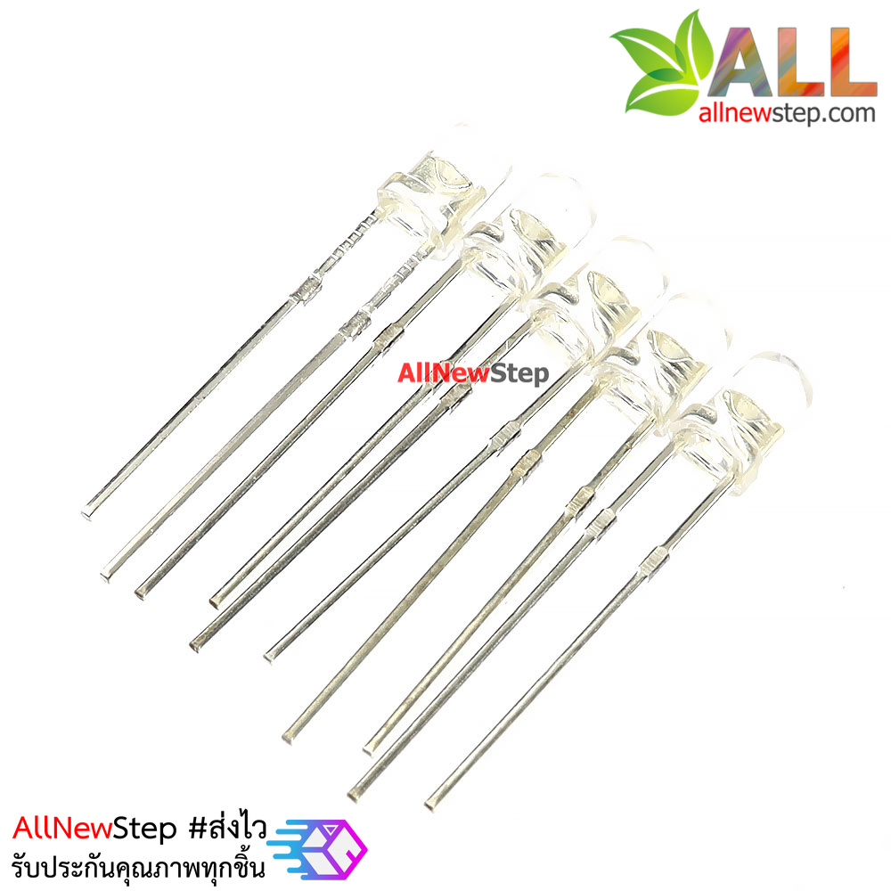 led 3mm แบบใส สีขาว จำนวน 5 ชิ้น ไฟเลี้ยง 3-3.2v