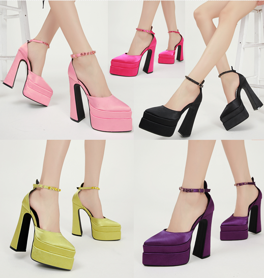 รองเท้าส้นสูงรัดข้อปลายแหลม ไซส์ 35-42 สีดำ/ชมพูอ่อน/ชมพูเข้ม/ม่วง/เขียว