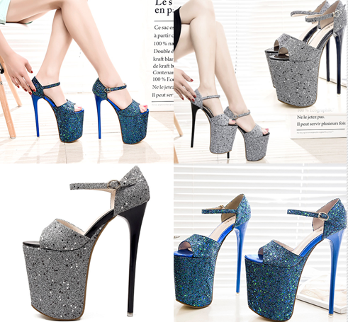 รองเท้าส้นสูง 7.6 นิ้ว สีน้ำเงิน/เทา ไซต์ 34-43