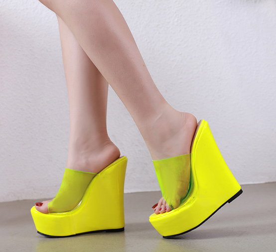 รองเท้าส้นเตารีดแบบสวมส้นสูง 6 นิ้ว สีส้ม/เหลือง ไซต์ 35-42