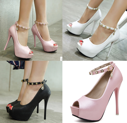 รองเท้าส้นสูงคัทชูเปิดหน้า ไซต์ 34-39 สีดำ/ขาว/ชมพู