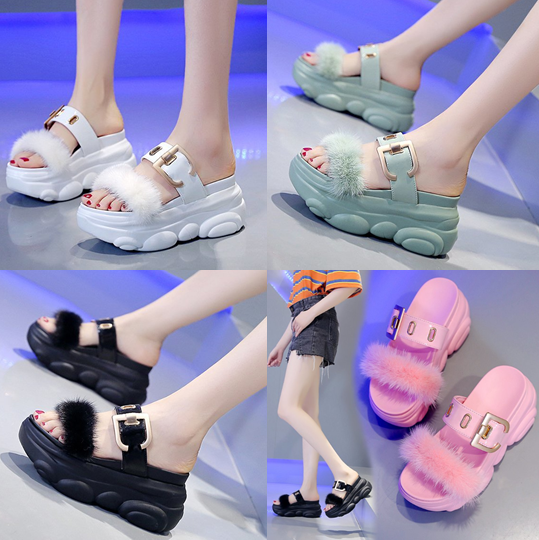 รองเท้าส้นเตารีดแบบสวมน่ารักสีชมพู/เขียว/ขาว/ดำ ไซต์ 34-39