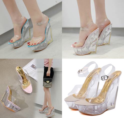 รองเท้าส้นเตารีดส้นแก้วพื้นสีทอง/ฟ้า/ชมพู ไซต์ 34-40