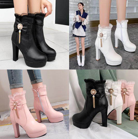 รองเท้าบูทส้นสูงสีขาว/ชมพู/ดำ ไซต์ 34-43