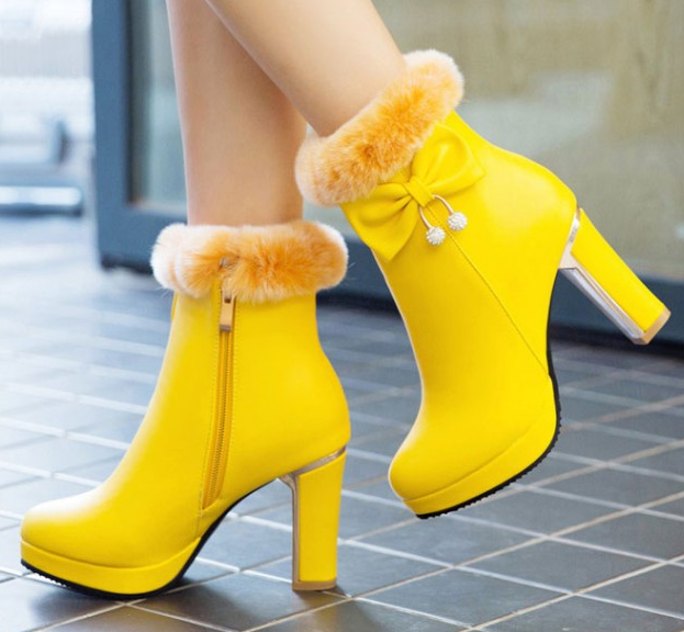 รองเท้าบูทส้นสูงแต่งขนปุยสีขาว/ดำ/ชมพู/เหลือง ไซต์ 34-43