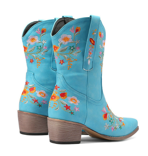 รองเท้าบูทหนังปักลายดอก ไซส์ 34-43 สีดำ/น้ำตาลเข้ม/น้ำตาลแดง/ฟ้า/ม่วง/ชมพู