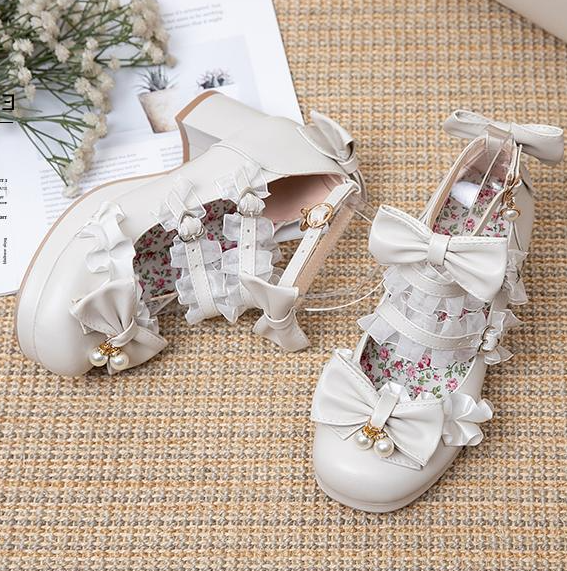 รองเท้าส้นสูงเจ้าหญิงน่ารักๆ ไซต์ 34-43 สีดำ/ครีม/ชม/ม่วง