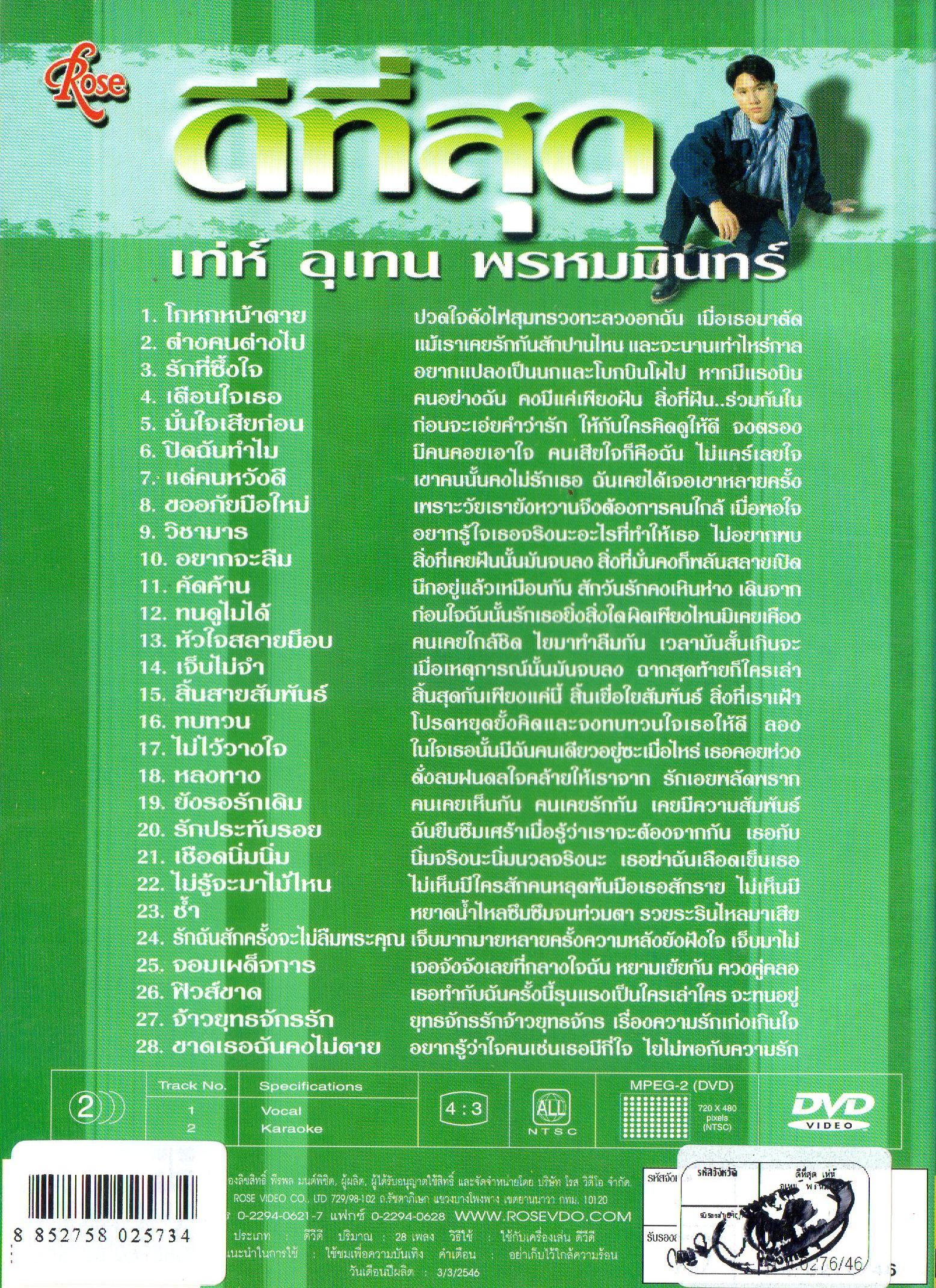 DVD Karaoke,เท่ห์ อุเทน พรหมมินทร์ - ดีที่สุด รวม 28 ต้นฉบับเพลงฮิดที่ดีที่สุด(Uthen Prommin)(ดีวีดี คาราโอเกะ)(2546)