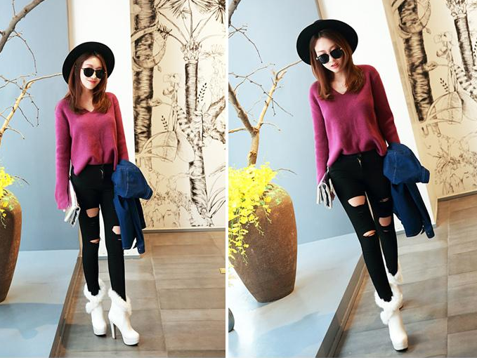รองเท้าบูทส้นสูงแต่งขนปุยสีดำ/ขาว ไซต์ 34-43