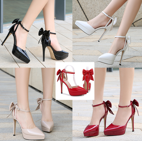 รองเท้าส้นสูง 4.8 นิ้ว งานรัดข้อแต่งโบว์หลัง ไซส์ 34-43 สีดำ/ขาว/นู๊ด/แดง/แดงเลือดหมู