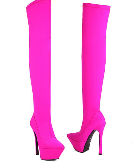 รองเท้าบูทยาวถึงต้นขาผ้ายืดสีม่วง/น้ำเงิน/ชมพู/ดำ/แดง ไซส์ 34-43